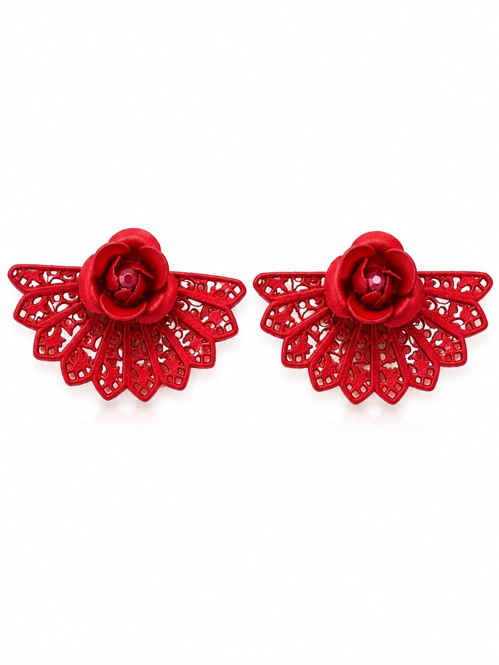 Handcrafted Red Rose Filigree Drop Earrings - Women's Jewelry
